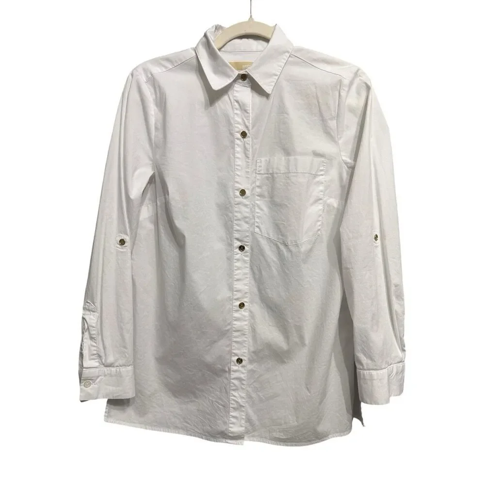 Michael Kors Women Roll Tab Long Sleeve White Button Down Cotton Casual Shirt S
